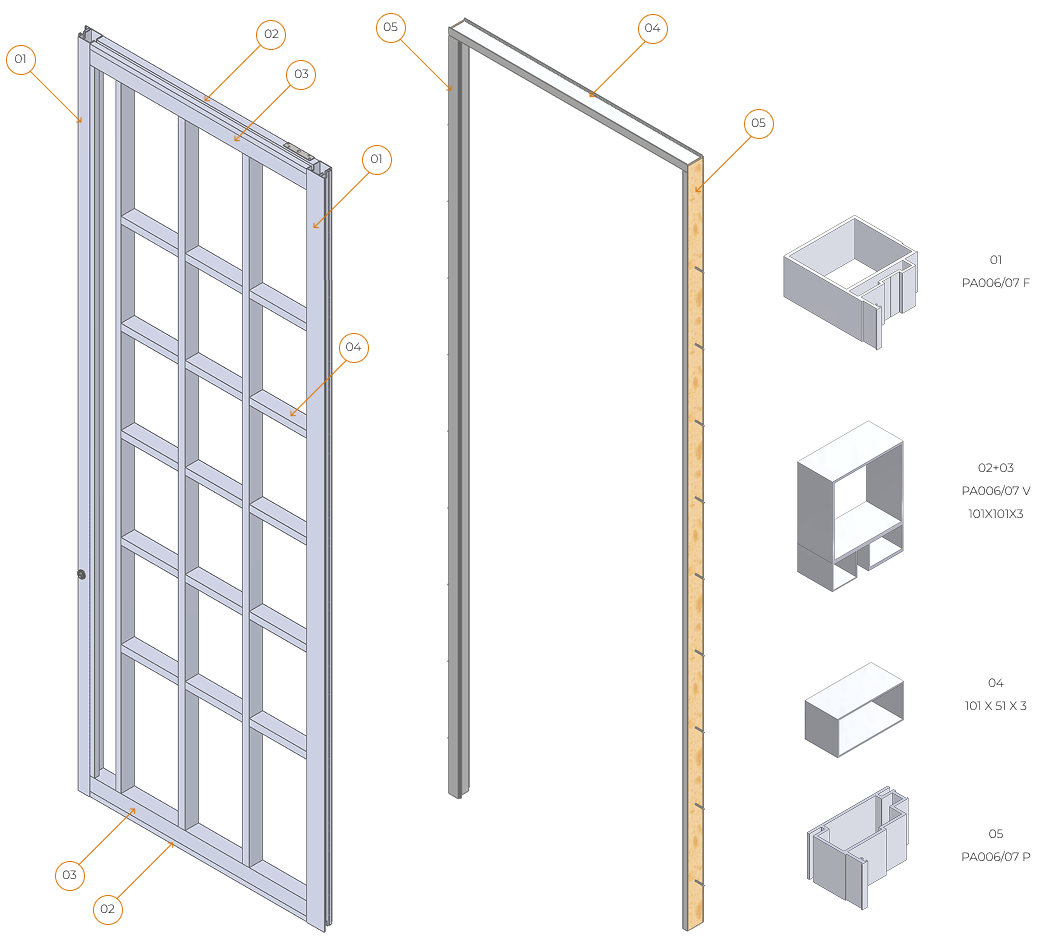 Representa&ccedil;&atilde;o t&eacute;cnica da estrutura interna em alum&iacute;nio das portas Projetta, com detalhes de perfis e soldagem a laser