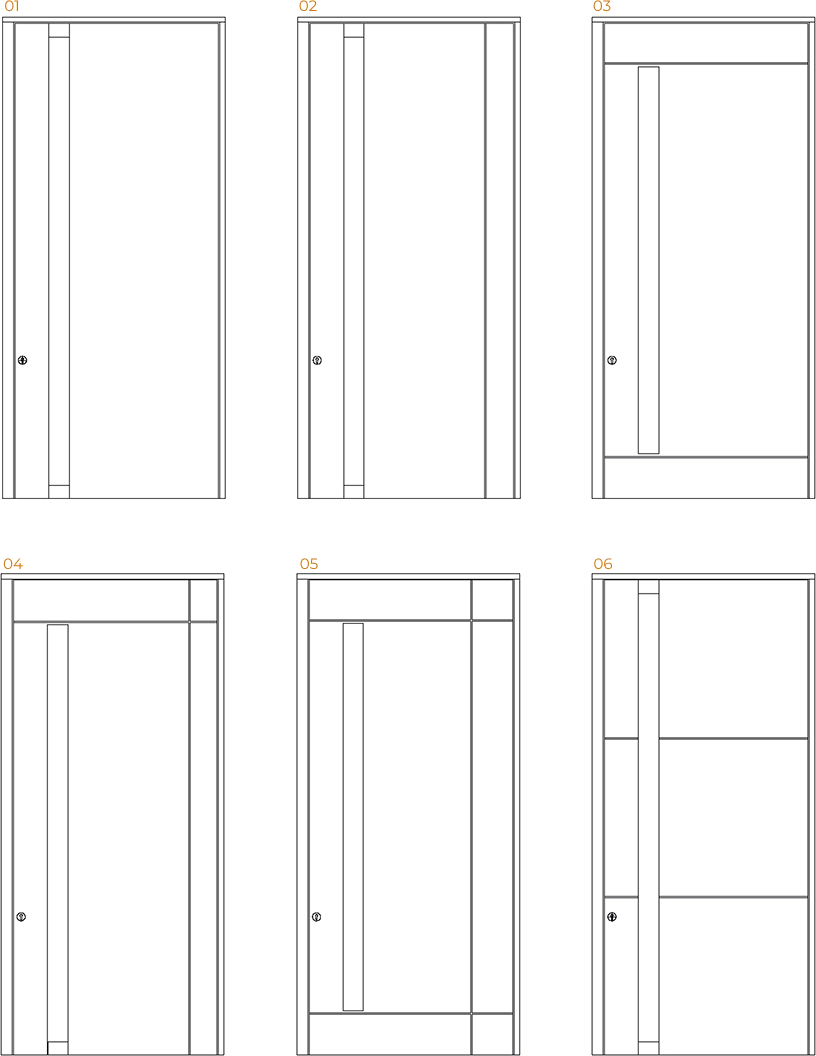 Desenhos técnicos dos seis modelos de portas pivotantes disponíveis na linha Projetta by Weiku