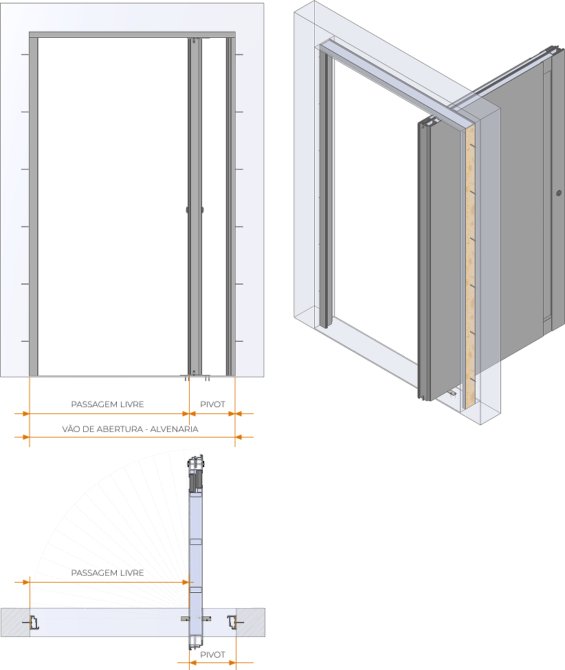 Ilustra&ccedil;&atilde;o t&eacute;cnica do sistema pivotante em portas de entrada de alto padr&atilde;o, com detalhes de funcionamento e medidas