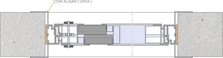 Ilustração técnica do sistema de batente com alisar, com canal de ajuste e acabamento refinado